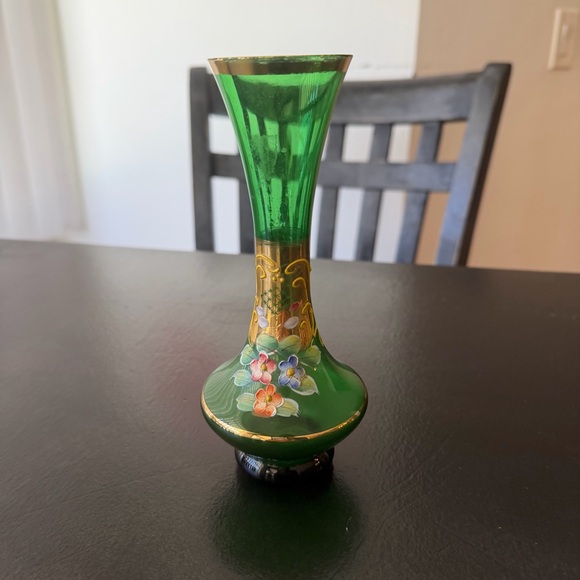 Vintage Emerald Green Glass Vase Gold Rim Hand Painted Flowers Czech Bohemian - Picture 7 of 14
